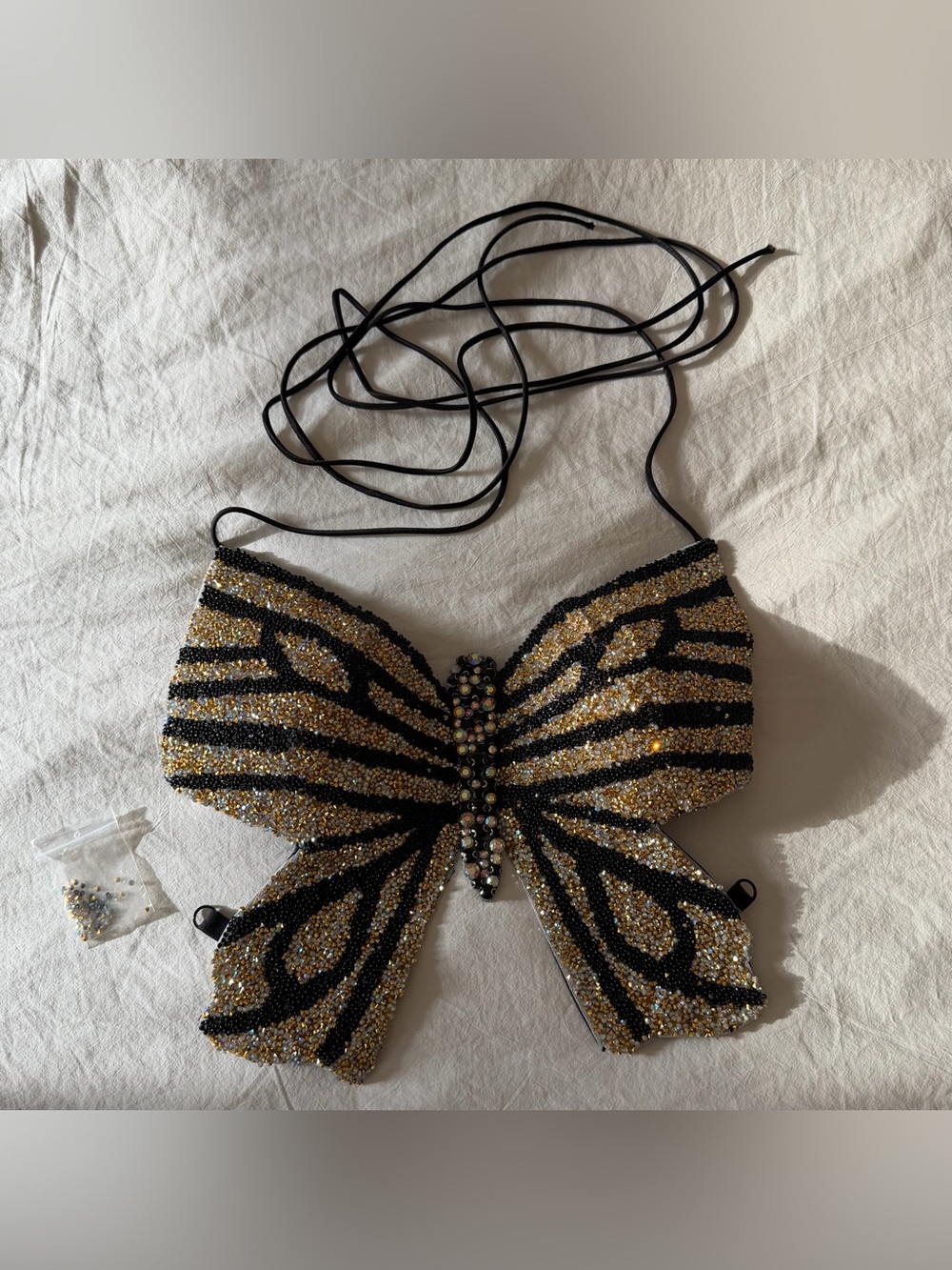 Embellished Butterfly Beaded Lace up Top - Black & Gold